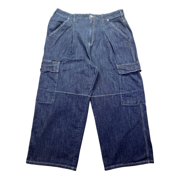 Pilcro Denim‎ Cargo Pants Wide Leg Pleated Dark Wash Jeans 34 Petite Fits 39" - Picture 1 of 9